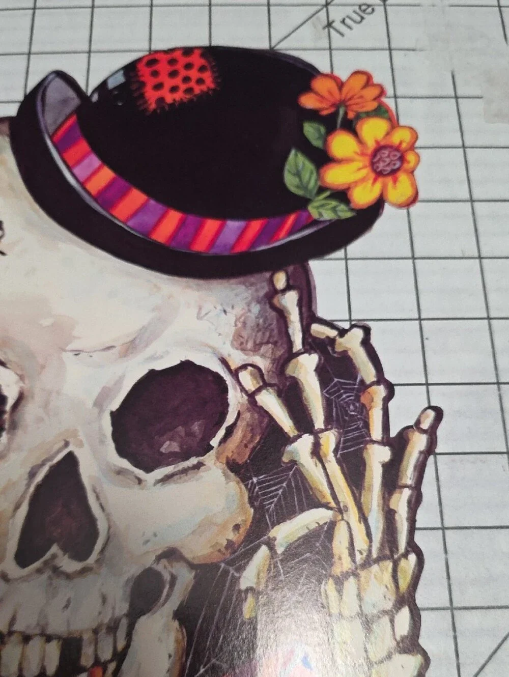 Halloween Skull with Polka Dot Bow Tie and Mini Hat, VTG, 10
